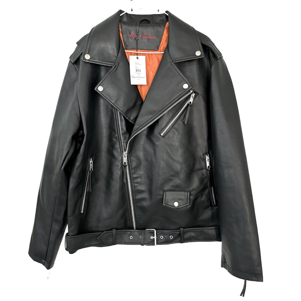 NWT Robert Graham RACER Men’s L Vegan Black Leather Racer Jacket $268 Moto